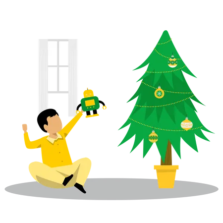 Little boy playing with toy near christmas tree Illustration