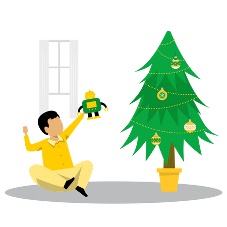 Little boy playing with toy near christmas tree  Illustration