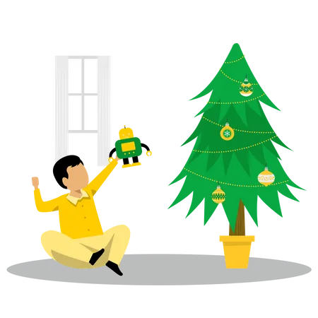 Little boy playing with toy near christmas tree  Illustration