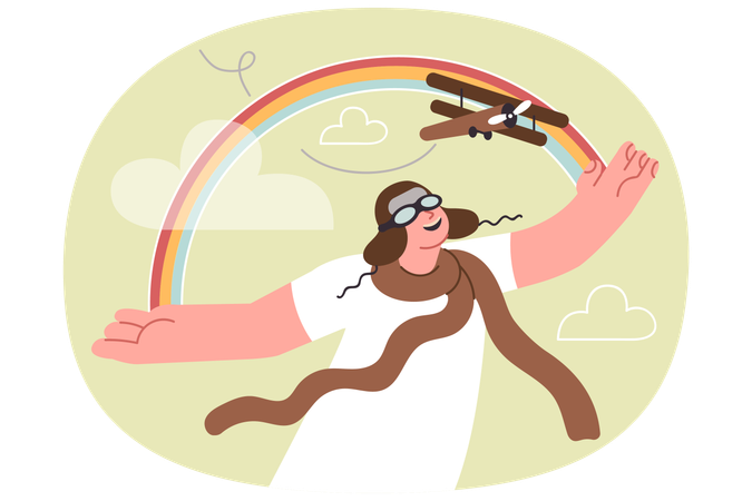 Little boy plays with airplane imagining future career as pilot standing near fictional rainbow  Illustration