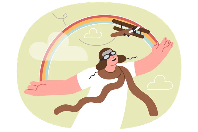Little boy plays with airplane imagining future career as pilot standing near fictional rainbow  Illustration
