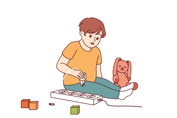 Little boy plays with electrical appliances at risk of getting electric shock and injury  Illustration