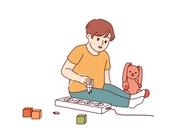 Little boy plays with electrical appliances at risk of getting electric shock and injury  Illustration