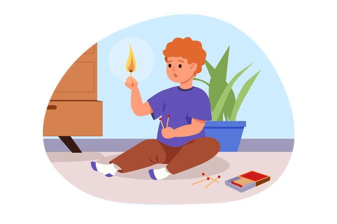 Little  boy plays with matches and fire  Illustration