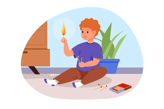 Little  boy plays with matches and fire  Illustration