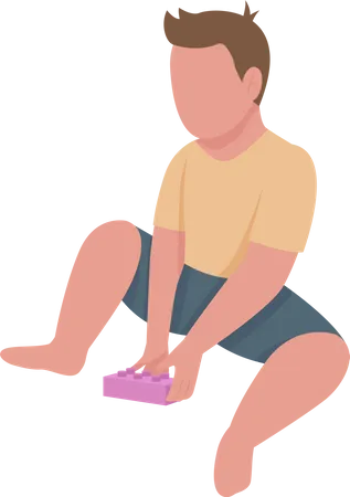 Little boy plays with plastic brick in kindergarten  Illustration