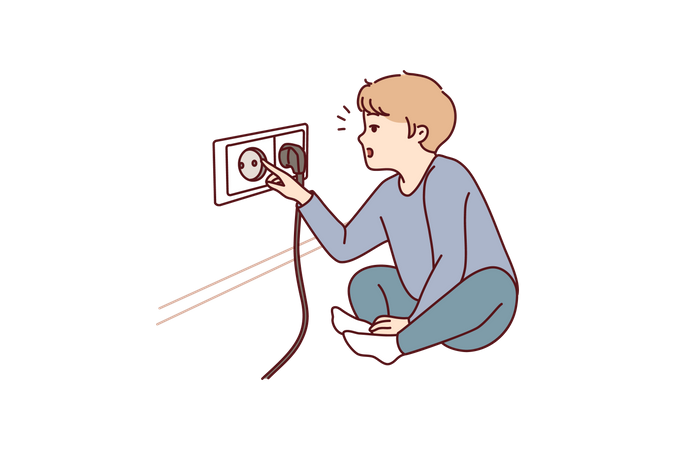 Little boy plug into socket  Illustration