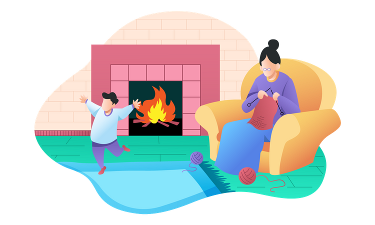 Little boy plying at home with grandma  Illustration