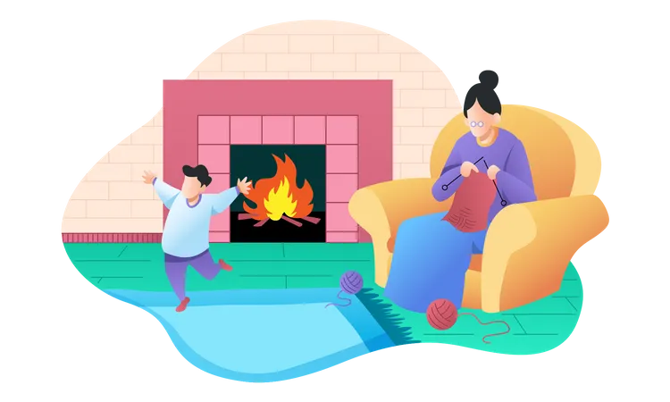 Little boy plying at home with grandma  イラスト