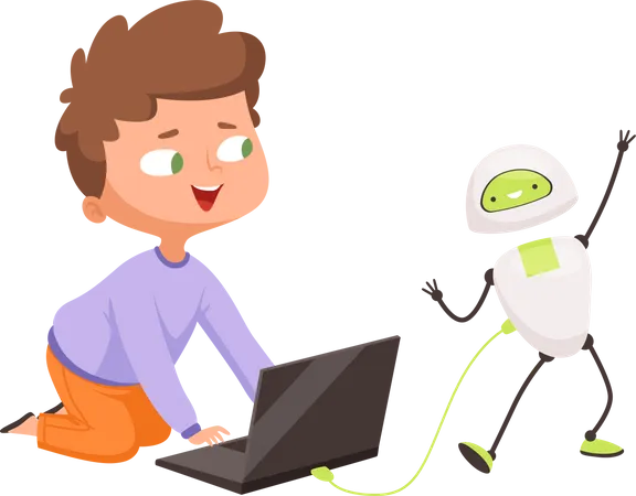Little boy programming robot Illustration