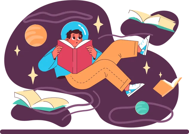 Little boy reading space book  Illustration