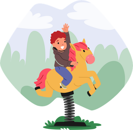 Little Boy Riding Attraction Horse in Amusement Park Illustration
