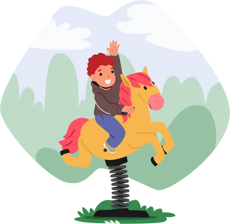 Little Boy Riding Attraction Horse in Amusement Park Illustration
