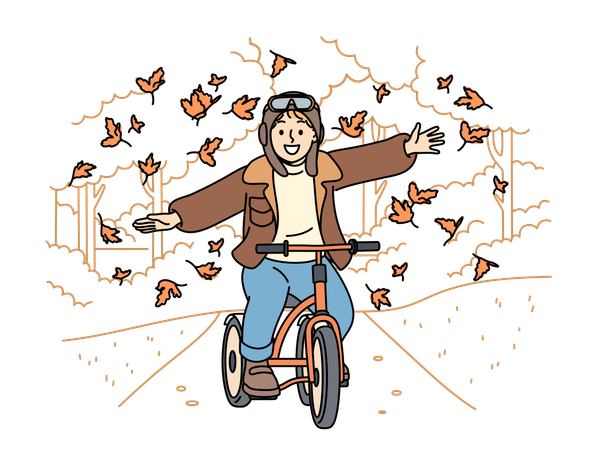 Little boy riding bicycle through autumn park and spreads arms to sides enjoying falling leaves  Illustration