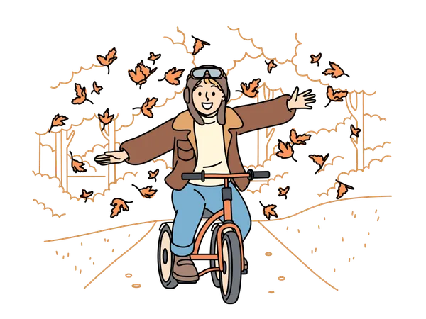 Little boy riding bicycle through autumn park and spreads arms to sides enjoying falling leaves  Illustration