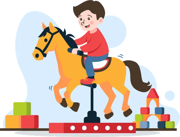 Explore The Joys Of Childhood With Our Charming Flat Illustration Of A Boy Playing Toy Horse Designed For A Kindergarten Theme This Artwork Brings To Life Fun And Exciting Activities For Young Learners Ideal For Educational Materials Websites Or Promotional Materials These Flat Illustrations Add A Fun Touch To Your Content Illustration