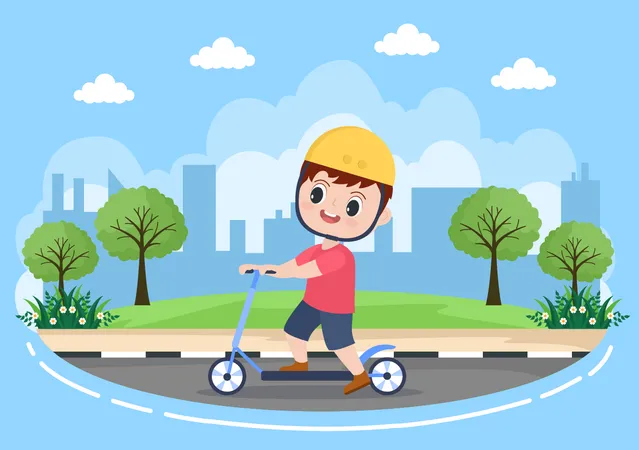 Little boy riding scooter Illustration