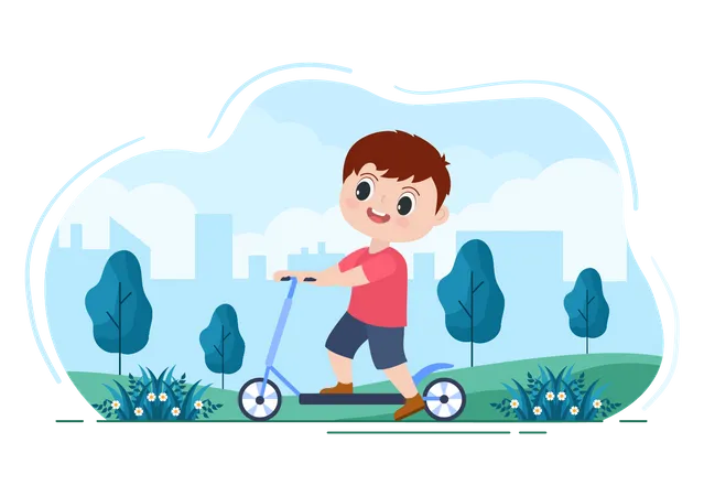 Little boy riding scooter  Illustration