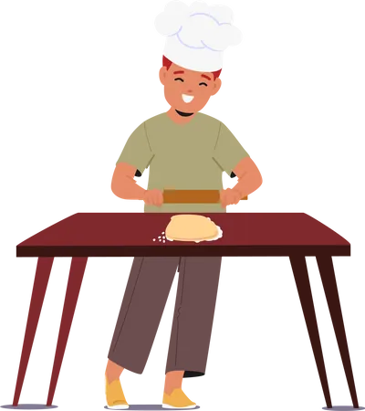 Little Chef In Chief Hat Eager And Adorable Rolls Out Dough With Pin Roll Creating Culinary Magic In The Making Child Character Prepare Bakery And Pastry Cartoon People Vector Illustration Illustration