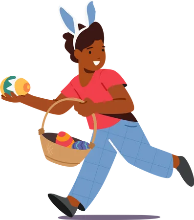 Little Boy Wearing Rabbit Ears Run With Basket Full Of Colorful Easter Eggs Joy And Childhood Concept For Easter Promotions Family Activities And Fun Cartoon People Vector Illustration Illustration