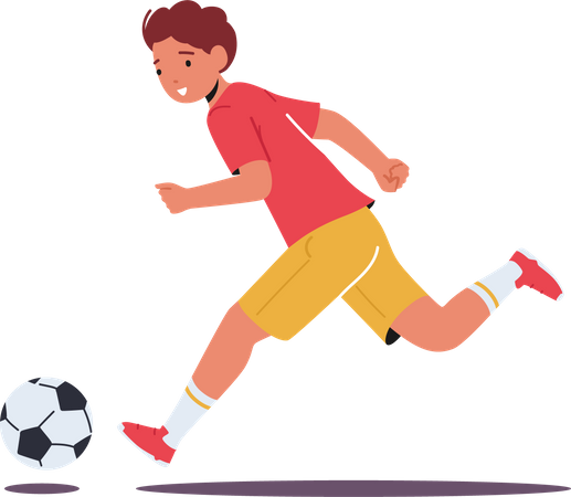 Little Boy Run with Soccer Ball Playing on Stadium  Illustration