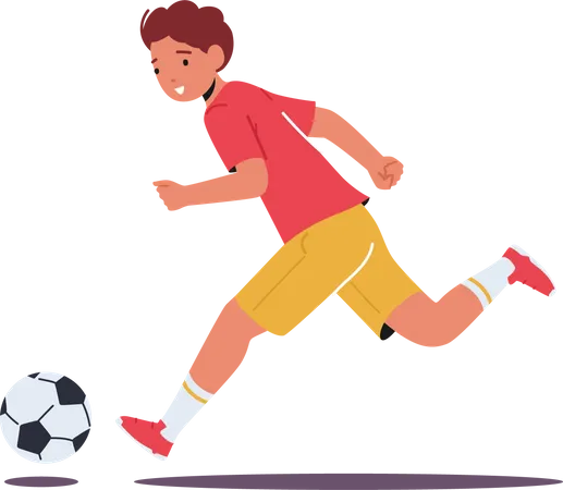 Little Boy Run with Soccer Ball Playing on Stadium  Illustration