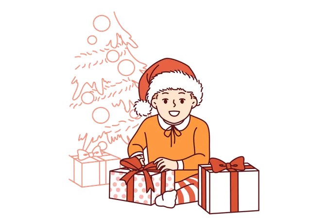 Little Pre Teen Boy Sits Near Christmas Tree And Gifts From Santa Claus And Smiling Looks At Screen Kid Rejoices At Arrival Of Christmas Or New Year And Large Number Of Giftboxes From Parents Illustration