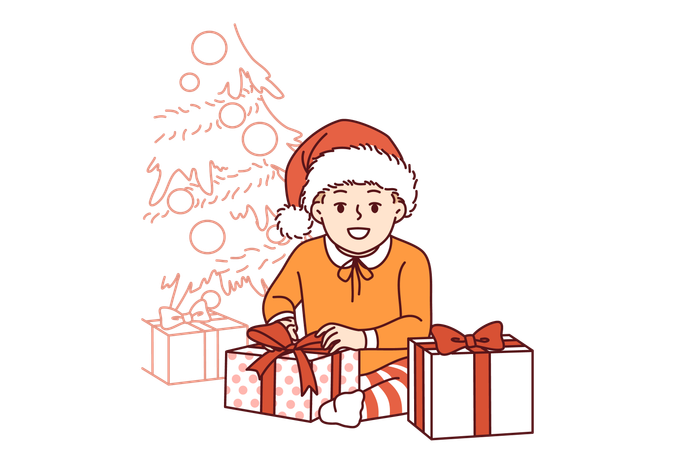 Little boy sits near christmas tree and gifts  Illustration