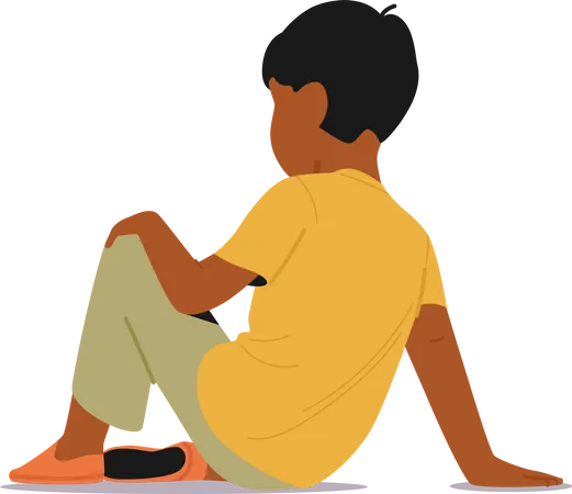 Rear View Of A Little Boy Sitting On The Floor Engaged In An Activity Or Lost In Thought With His Posture And Body Language Conveying A Sense Of Introspection And Curiosity Vector Illustration イラスト