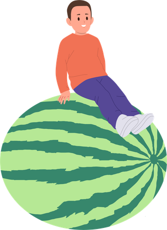 Little boy sitting on watermelon  イラスト