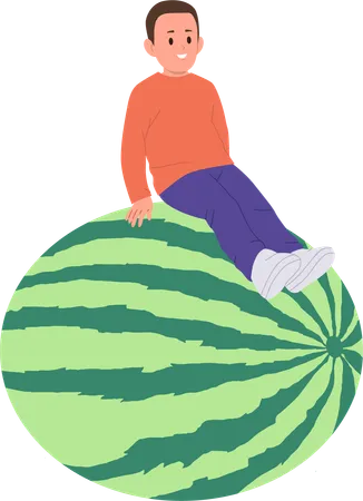Little Cheerful Boy Child Cartoon Character Sitting On Giant Ripe Watermelon Berry Isolated On White Background Natural Food For Kids Healthy Nutrition And Organic Products Vector Illustration イラスト