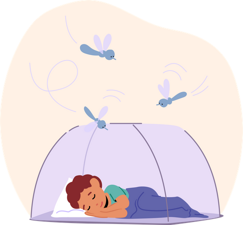 Little boy sleep under net shielded from mosquitoes Illustration