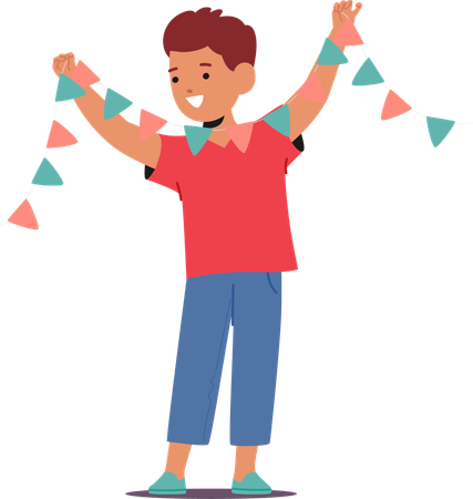 Little Boy Standing Happily Holding Flag Garland  Illustration