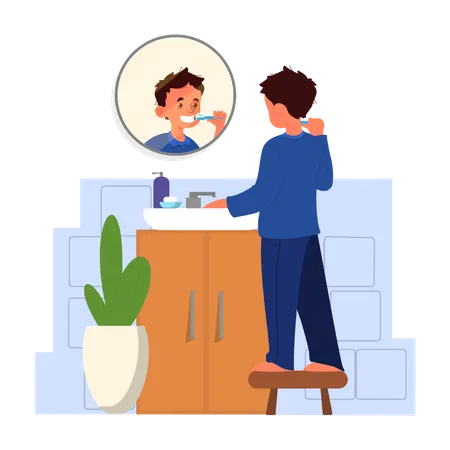 School Boy Schedule Concept Little Boy Standing In The Bathroom And Brush Teeth Idea Of Health And Hygiene Flat Vector Illustration Illustration