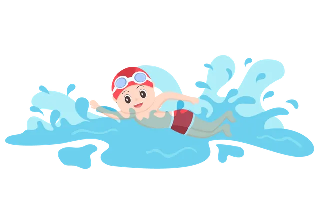 Cute Little Kids Swimming Background Vector Illustration In Flat Cartoon Style People Dressed Swimwear Swim In Summer And Performing Water Activities Illustration