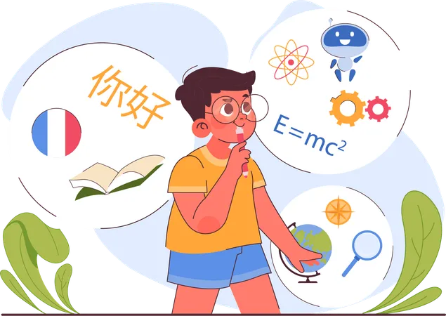 Little boy thinking about science formula  Illustration