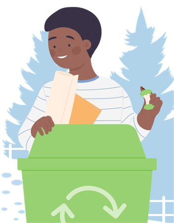 Little boy throw waste in recycle bin  Illustration