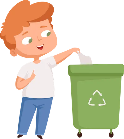 Little boy throwing garbage in bin Illustration