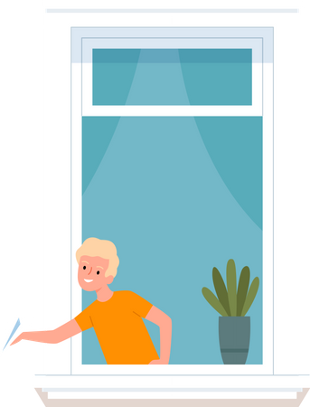 Little boy throwing paper plane on window  Illustration