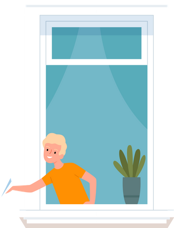Little boy throwing paper plane on window  Illustration