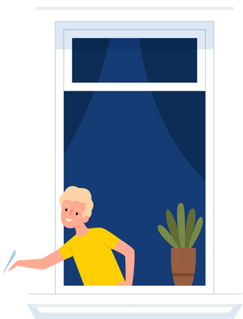 Little boy throwing paper plane out of window  Illustration