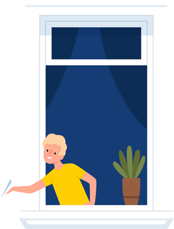 Little boy throwing paper plane out of window  Illustration