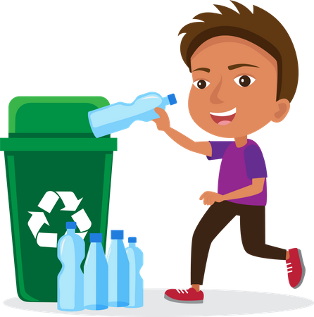 Little boy throws plastic waste into the recycling bin  Illustration