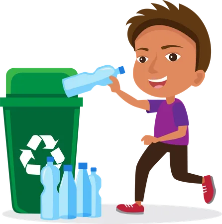 Little boy throws plastic waste into the recycling bin  Illustration