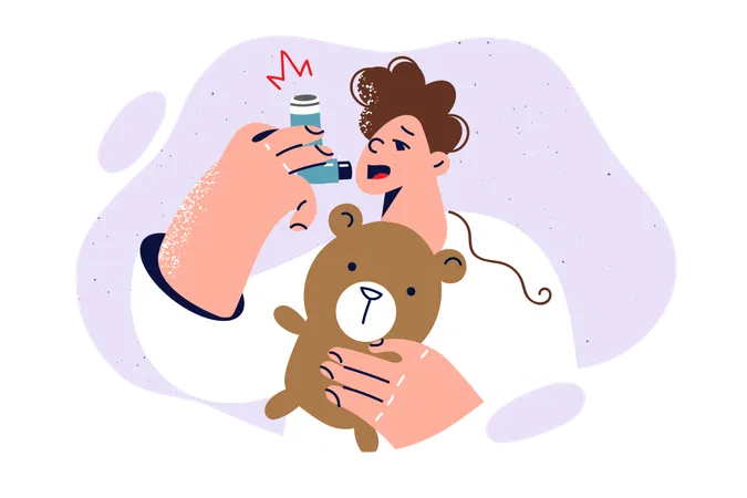 Little Boy Uses Inhaler To Fight Asthma Attack Or Inflammation Of Pneumonia And Holds Teddy Bear In Hands Child Suffering From Asthma Needs Regular Use Of Medications To Avoid Complications Illustration