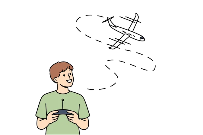 Little boy uses radio-controlled airplane and smiles rejoicing at appearance of new toy  Illustration