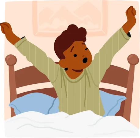Little Boy Wakes Up Stretches Arms And Body Sitting On Bed Little Child Character Awakening With A Yawn Awakens From Slumber Ready To Greet The New Day Cartoon People Vector Illustration Illustration