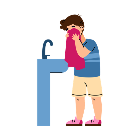 Little boy washing and wiping his face  Illustration