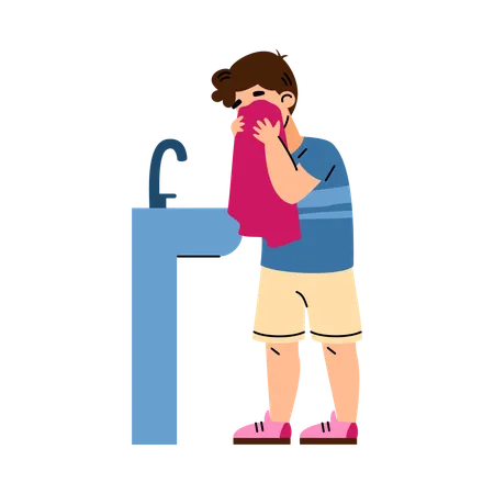 Little boy washing and wiping his face  Illustration