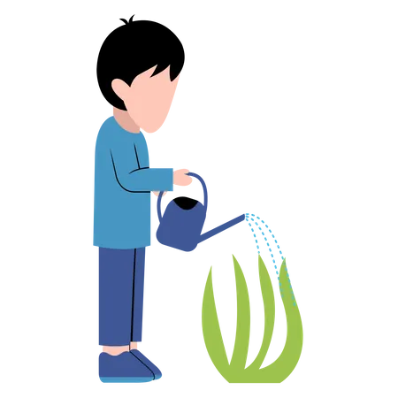 Little Boy Watering Plant  Illustration
